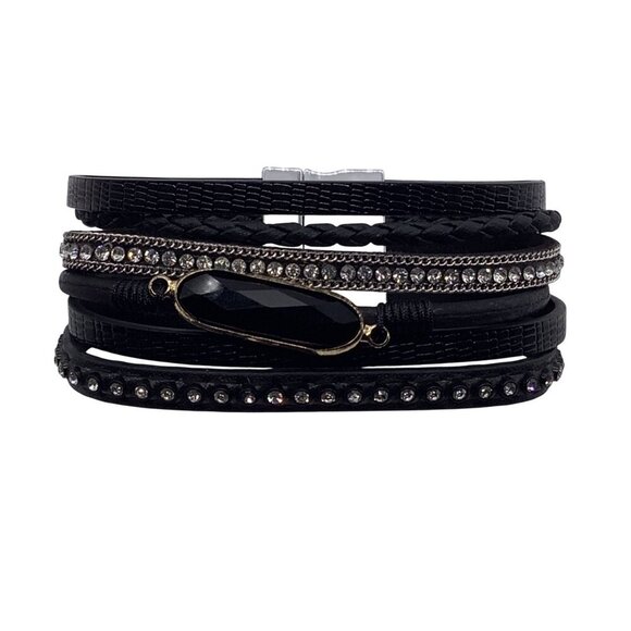 Kai Top Multilayer Black Leather Magnetic Bracelet With Rhinestone Accents & Cry - Picture 1 of 7